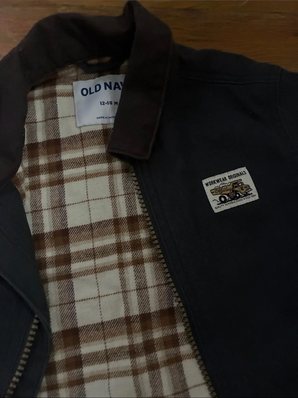 Old Navy Men's Dark Brown Canvas Field Jacket with Plaid Lining